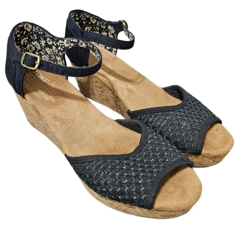 Toms Black Buckle Open Toe Cork Wedges